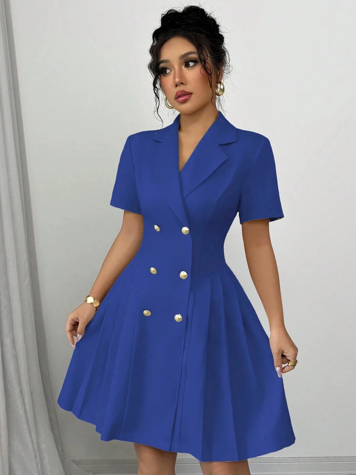 2026 Luxury Dresses Solid Color Notched Lapel Double Breasted Short Sleeve Slim Summer Midi Dress for Woman Clothes