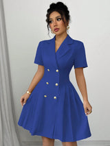 2026 Luxury Dresses Solid Color Notched Lapel Double Breasted Short Sleeve Slim Summer Midi Dress for Woman Clothes