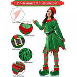 Adult Christmas Themed Elf Cosplay Costume Set Full Outfit with Long-Sleeve Green Dress for Holiday Parties Christmas Attire