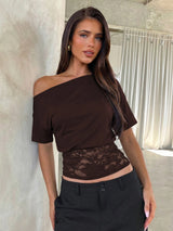 Dulzura Inclined Shoulder Short Sleeve Slim Lace Patchwork T-Shirt Women'S Vintage Sexy Casual Y2K Top Party Club Summer Clothes