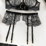 Sexy Lace Lingerie Set With Garter Belt Eyelash Underwire Bra Nude Illusion Strappy Sensual Costume Exotic Underwear Party Club