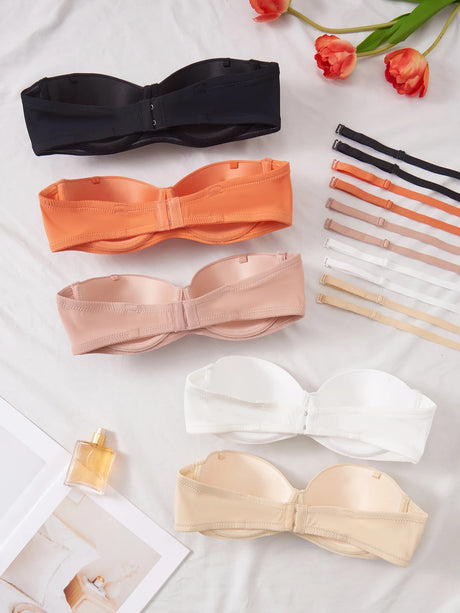 5Pcs Detachable Strap Bandeau Bras Solid Strapless Push up Bra for Women Daily Invisible Lingerie