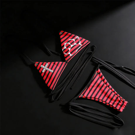 Striped Cross & Paw Print Bikini Set Women Triangle Halter Top Tie Side Bottoms Summer Y2K Punk Aesthetic Beachwear