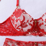 Heavy industry embroidery sequin red slim fit perspective high-end splicing gemstone decoration sexy lingerie four piece set