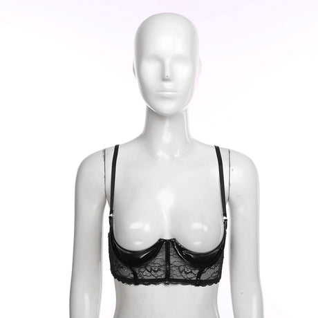 Womens Sexy Open Cup Underwired Bra Patent Leather See-through Floral Lace Brassiere Exposed Nipple Lingerie Underwear Nightwear