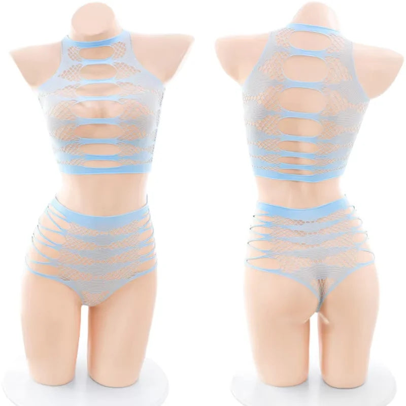 Women's Sexy Pink Mesh Underwear High Elasticity Fishnet Hollow Out Three Piece Open Crotch Babydoll Set Exotic Lingerie