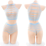 Women's Sexy Pink Mesh Underwear High Elasticity Fishnet Hollow Out Three Piece Open Crotch Babydoll Set Exotic Lingerie