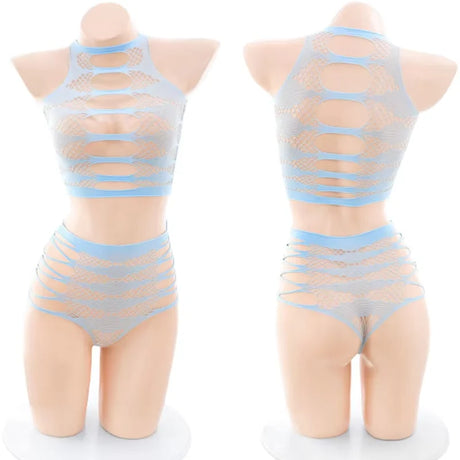 Women's Sexy Pink Mesh Underwear High Elasticity Fishnet Hollow Out Three Piece Open Crotch Babydoll Set Exotic Lingerie