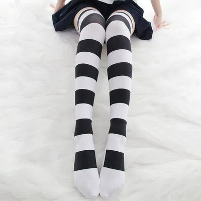 Lolita Over Knee Socks Pink Strip Kawaii Cat Paw Print Stockings Lolita Gothic Velvet Over The Knee Thigh High JK Long Stockings