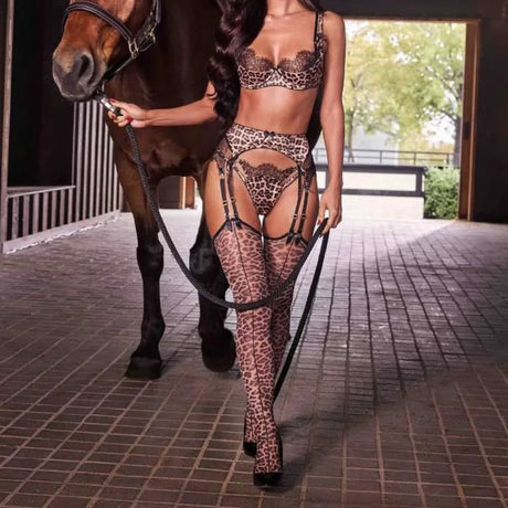 Leopard Wild Women's Lingerie Sets Stunning Lace Bra 3PC Set with Stockings Seductive Riding Suits Party Exotic Sexy Underwear