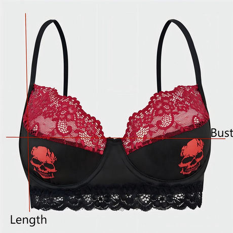 Ultra-Thin Lace Edged Skull Print Bra with Steel Ring Underwear Women's Fashionable Skeleton Patterned Bralette