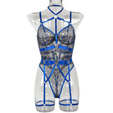 Leopard Print Strappy Bodysuit Blue Caged Harness Lingerie Sexy Mesh Sheer Teddy Underwire Erotic Lenceria Mujer