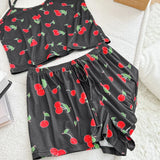 Women Casual Pajama Ladies Sexy Sleepwear Print Round Neck Ice Silk Top T-Shirt and Shorts Sets Breathable Comfortable Home Wear