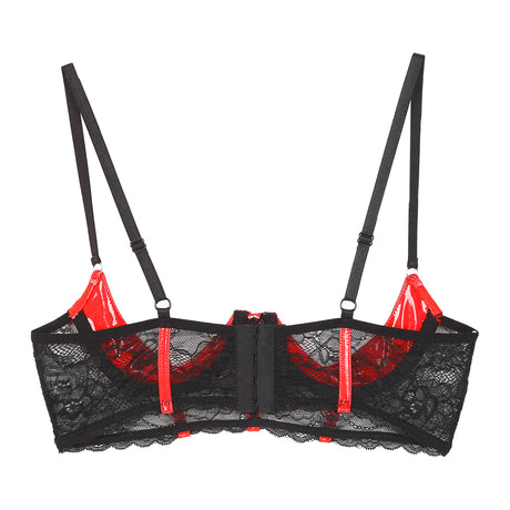 Womens Sexy Open Cup Underwired Bra Patent Leather See-through Floral Lace Brassiere Exposed Nipple Lingerie Underwear Nightwear
