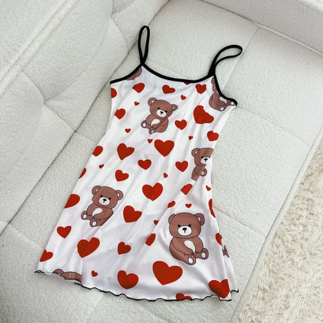 Summer Women Satin Sleepdress Cute Teddy Bear Butterfly Heart Floral Pinting Sleepwear Ladies Sexy Sling Ruffled Hem Loungewear