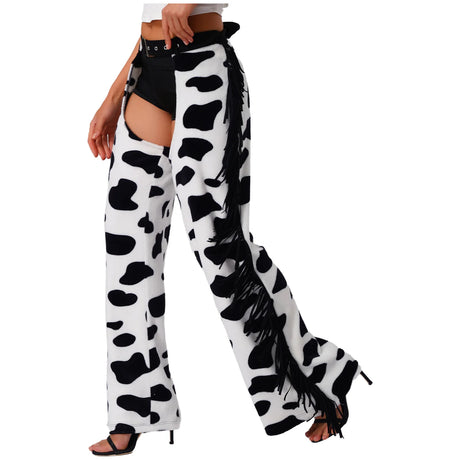Womens Cow Spot Pattern Flannel Long Pants Adjustable Waist Open Crotch Biking Riding Cowgirl Chaps Halloween Cospaly Costume