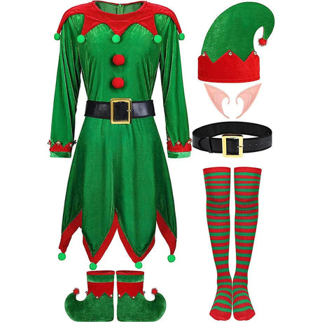 Adult Christmas Themed Elf Cosplay Costume Set Full Outfit with Long-Sleeve Green Dress for Holiday Parties Christmas Attire