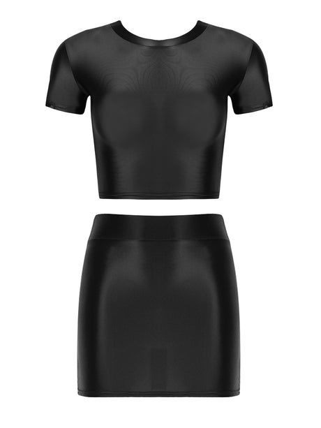 Womens Glossy Two-piece Outfit Oil Shiny Smooth High Waist Mini Skirt with Tank Top Nightclub Rave Outfit Pole Dancing Clubwear