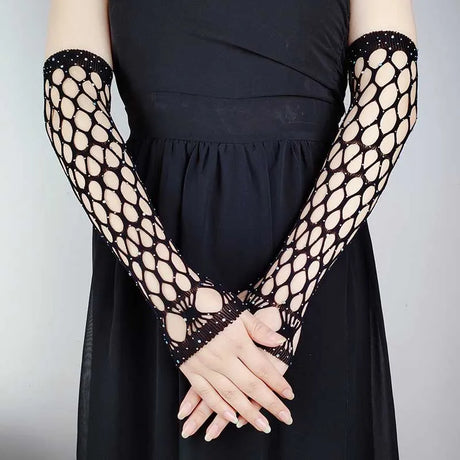 Sexy Elastic Mesh Gloves With Colored Flash Diamonds Bungee Stage Performance Hollow Fishing Net Punk Hiphop Women's Gloves R51