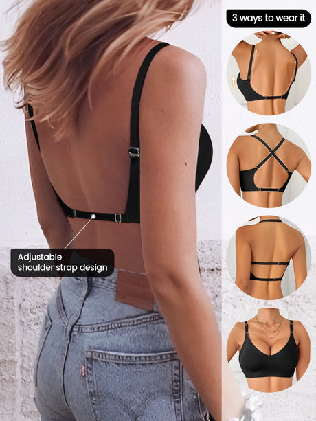 Women Invisible Bra Deep U Plunge Bras Backless Top for Dresses Sexy Lingerie with Transparent Strap Push Up Strapless Underwea