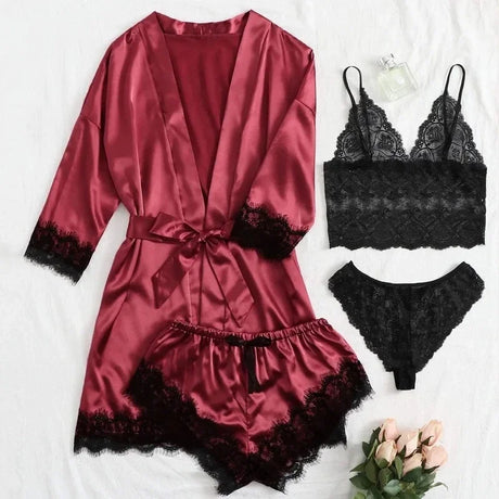 Women's Summer Sexy Pajama Pants Set 4 Pieces Lace Satin With Silk Sleepwear Robe Fashion And Comfortable Nightwear