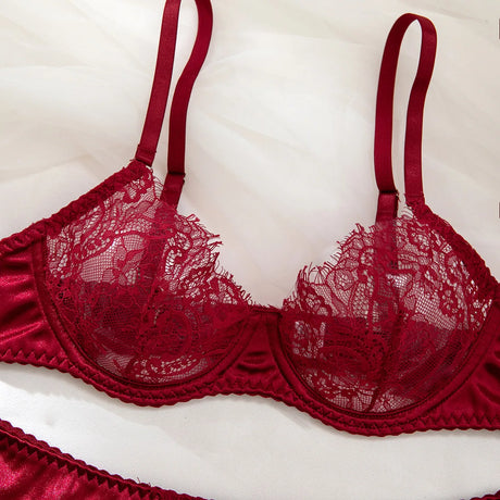 Willowy Women's Lingerie Sets Gorgeous French Lace Satin Patchwork Bra Belt Thong with Leg Circles Slim Sexy Underwear