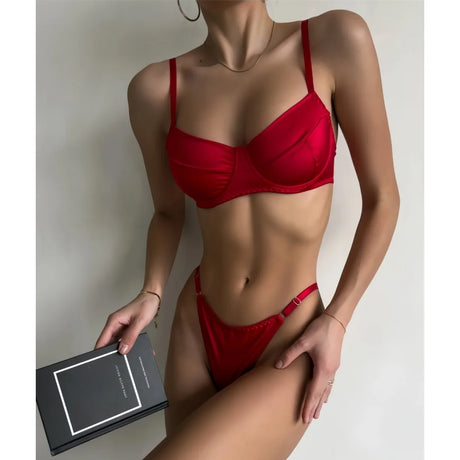 Krasapt Romantic Satin Lingerie 2 Pcs Sets Sexy Patchwork Bras And Thongs Underwear Suits Wedding Night Erotic Intimate Outfits