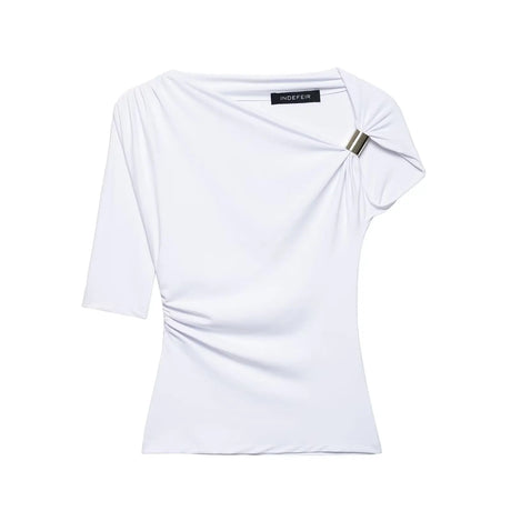 HH Vintage Women's Asymmetric Bustier Tops 2025 Female Sexy Skew Collar Off-shoulder Pleated Metal Decorate Shirt Streetwear