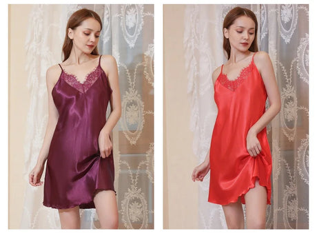 Women's Sleepwear Solid Short Satin Nightgown Mini Slip Chemise Nightwear Sexy Woman Nightie With Lace Trim