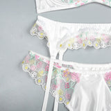 New White Floral Embroidery Fairy Lingerie Sets Transparent Mesh Patchwork Underwear Garter Intimate Panties Erotic Suits