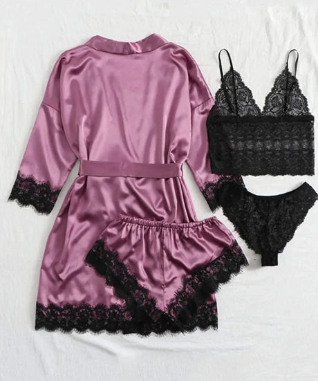 Women's Summer Sexy Pajama Pants Set 4 Pieces Lace Satin With Silk Sleepwear Robe Fashion And Comfortable Nightwear