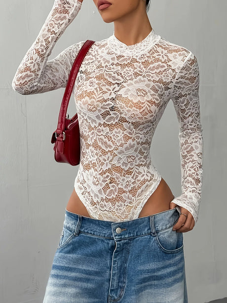 BornToGirl Sexy Bodysuit Women Black White Bodycon Long Sleeve One Pieces Slim Lace Bodysuits Jumpsuit Tops Body Suit Y2K