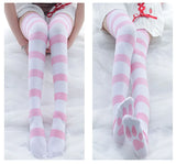 Lolita Over Knee Socks Pink Strip Kawaii Cat Paw Print Stockings Lolita Gothic Velvet Over The Knee Thigh High JK Long Stockings