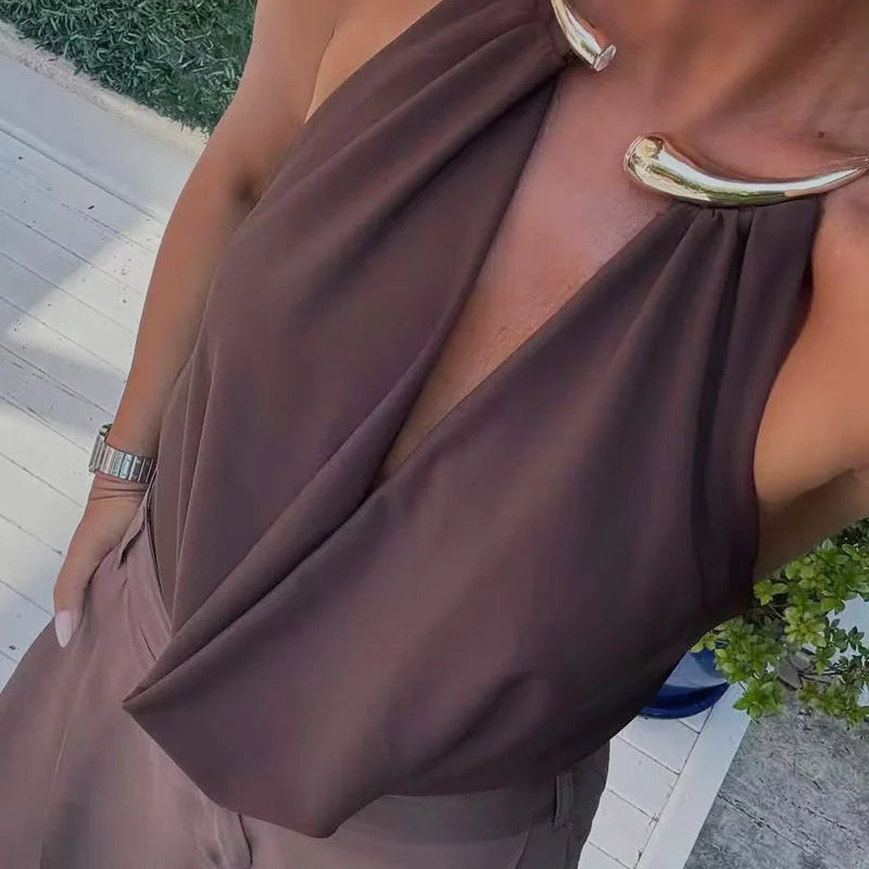 HXAO Sexy Halter Neck Bodysuit Women Summer Brown White Slimming Body Backless Off Shoulder Sleeveless Thong Top Women Bodysuit