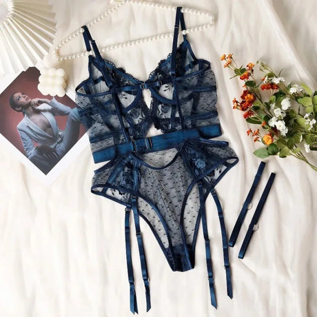 Toucheart Lace Sexy Skinny Babydoll Bodysuit Embroidery Erotic Private Adult Suit Solid Color Patchwork High Waisted Sexy Set