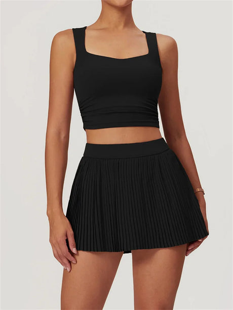 2-Piece Yoga Tennis Skirt Set Gym Outdoor Bra Crop Top High Waist Fitness Skirt Suit Women's Golf Dance Badminton Sport Shorts