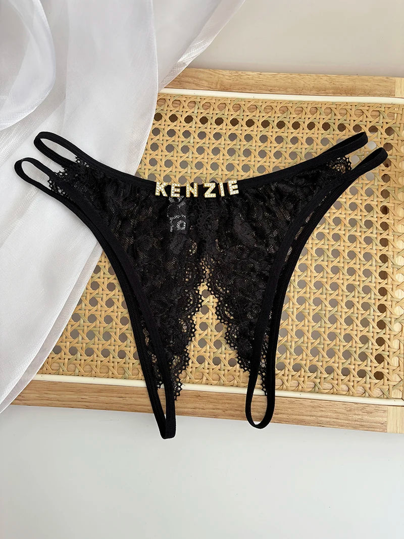 Custom Name Crystal Letter Briefs Sexy Lace Crotchless Knickers Hollow Waist Panties Open Gear Underpants Girlfriend Wife Gift