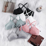 2Pcs/Set Ribbed Cross Back Triangle Bralette Set Women Spaghetti Strap Breathable Daily Bra Wireless Casual Daily Lingerie S-L