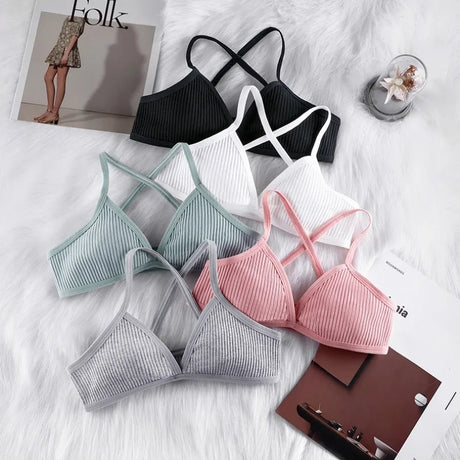 2Pcs/Set Ribbed Cross Back Triangle Bralette Set Women Spaghetti Strap Breathable Daily Bra Wireless Casual Daily Lingerie S-L