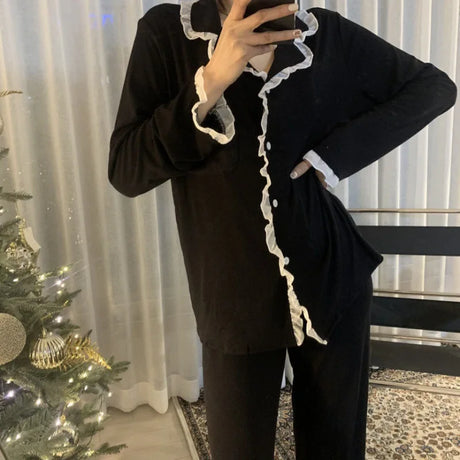 2Pcs/set Women's Nightwear Sexy Lace Long Sleeve Long Pants Simple Black Autumn and Winter Cardigan Young Girls Clothes Womens