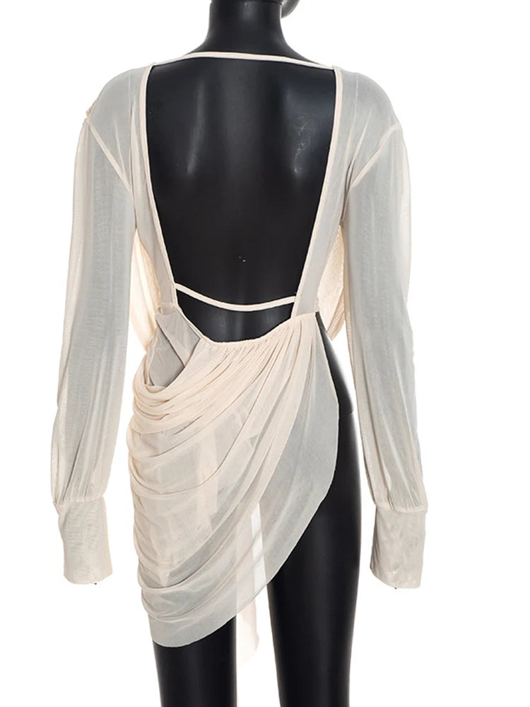 Beyprern Chic Y2K Aesthetic Plunging Neckline Mesh Top Female Draped Asymmetrical Long Sleeve Cover Up Blouse Night Out Clubwear