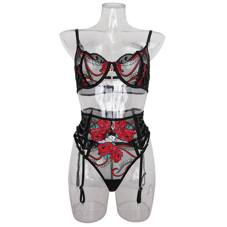 Ellolace Seductive Sexy Lingerie Bra Belt Thong 3PC Set Beautiful Floral Embroidered Intimate Tempted Women Underwear