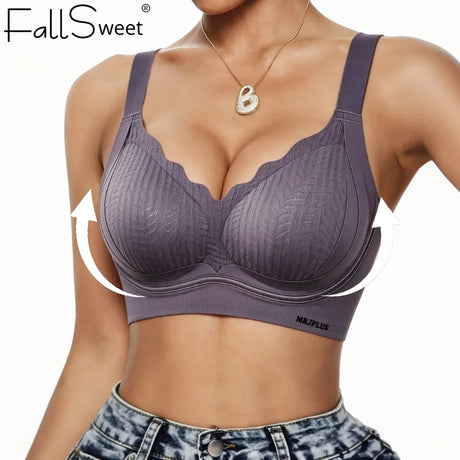 FallSweet Plus Size Lift Up Bra for Women Wireless Brassiere Anti Sagging Side Support Fixed Cup Big Bust Minimizer Bras M-3XL