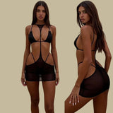 Tornova Erotic Bodysuit Perspective Hollow Sexy Suit Women's BlackMesh Jumpsuit Sexy Suspender Private Underwear Three-piece Set