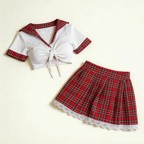 Women Sexy Lingerie Plaid Cosplay Uniform Role Play Costume Erotic Underwear Checkered Nightwear Fancy Dress Plus Size Set