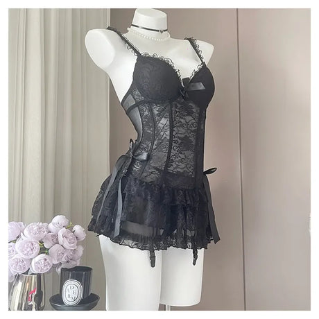 French Sexy Lace Nightdress Summer Women's Corset Gather Suspenders Pajamas with Chest Pads See Through Mesh Lace Loungewear