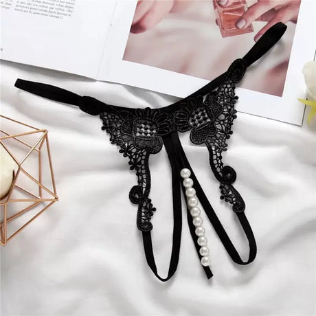 Women's panties Women's Sexy Transparent Thong Underwear Hollow out Pearl Massage Open File T-shaped Thin Embroidered Perspectiv
