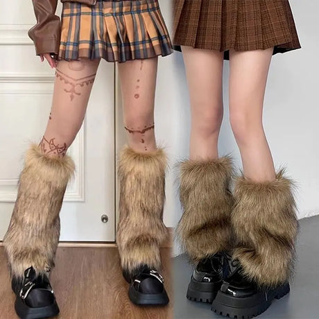 New Y2k Faux Fur Leg Warmers Spicy Girl Harajuku Winter Warm Furry Boots Cover Socks Jk Vintage Hiphop Cosplay Socks Accessories