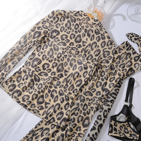 Ellolace Sexy Clothes Women Lingerie Hot Cosplay Hollow Out Leopard Long Sleeve Pants Set Fetish Party Costume with Headgear Kit