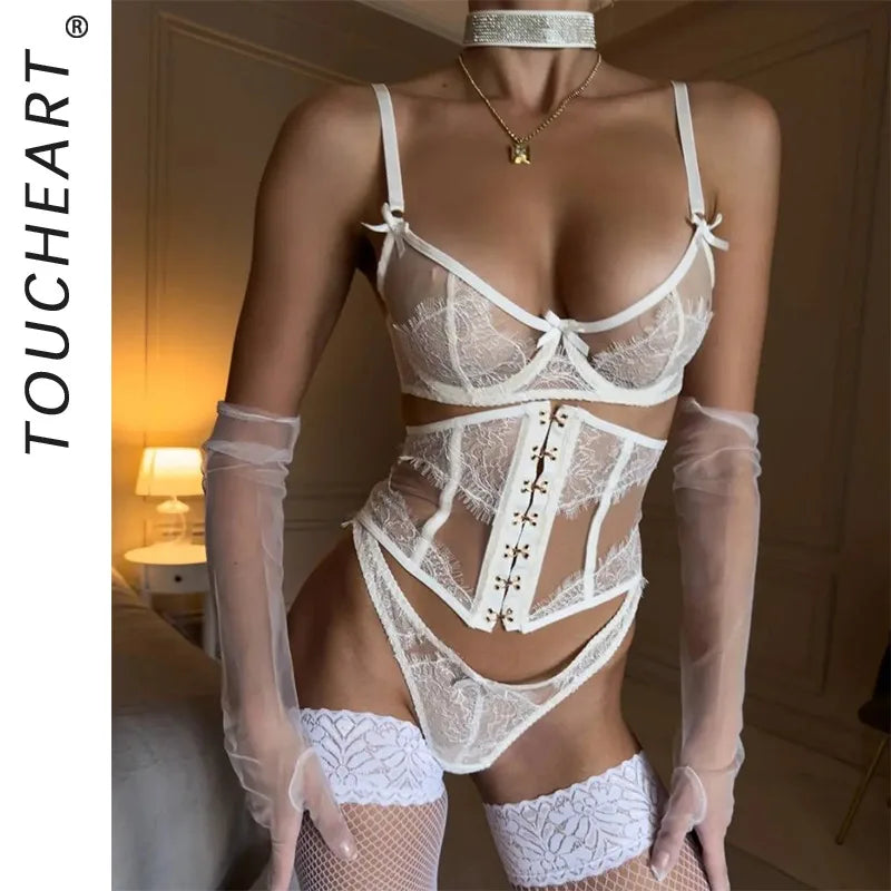 Toucheart Erotic Lingerie New French Style Lace Suspender See-through Gather Together Women Sexy Thin Pure Desire Underwear Set